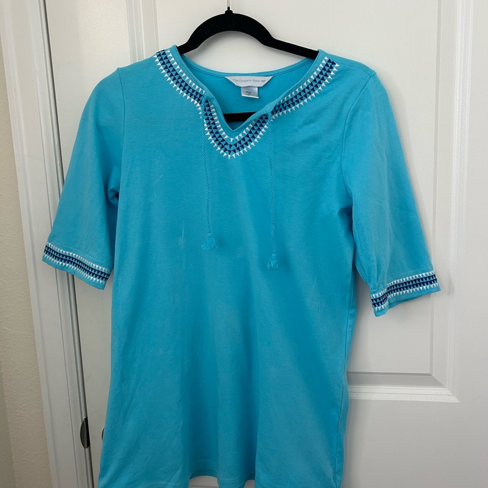 The Company Store Kids Swim Coverup in Turquoise with Navy & White Trim
